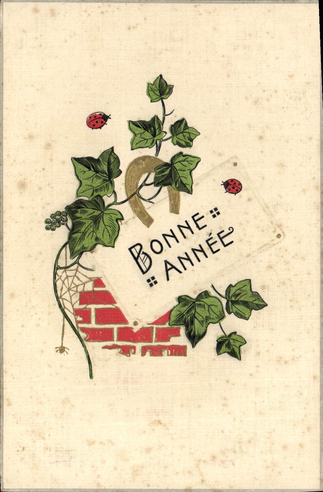 Bonne Année — avec houx, scarabées et plaque — éditeur inconnu