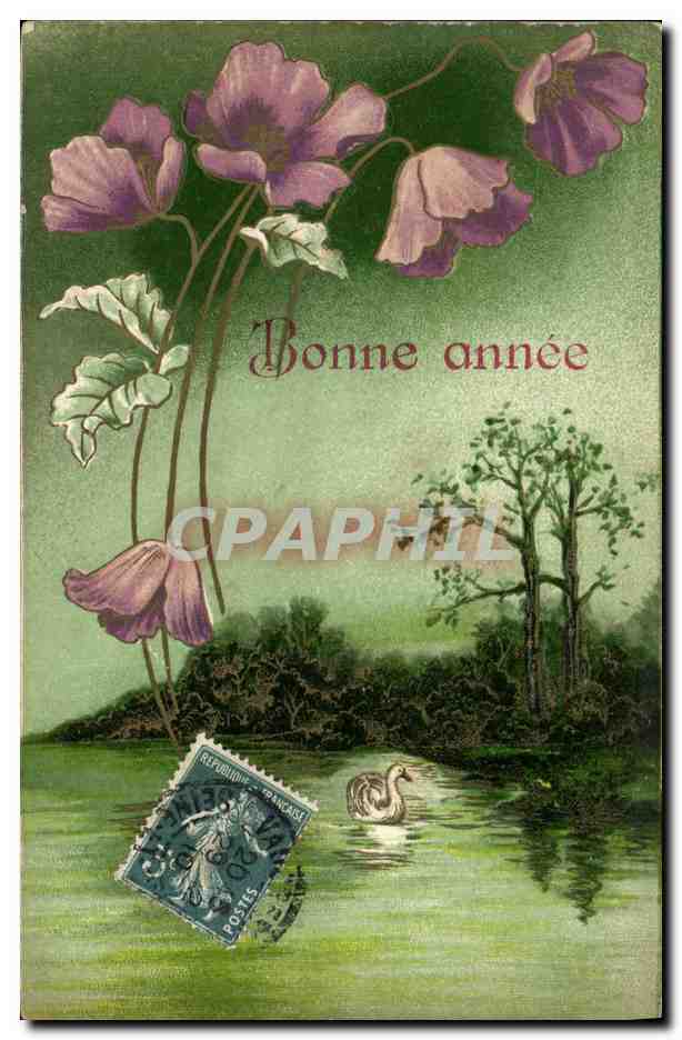 CPA Fantaisie Fleurs Cygne