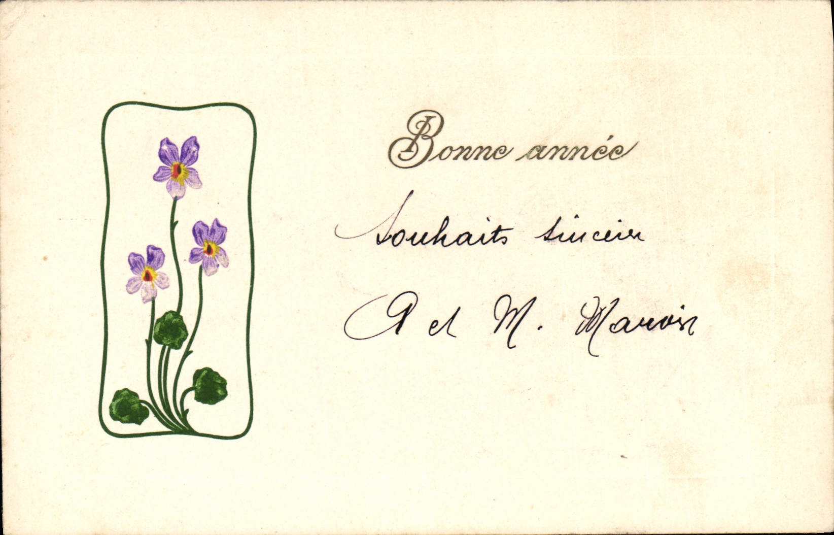 Carte de vœux avec violettes — éditeur non visible — n° de série non visible