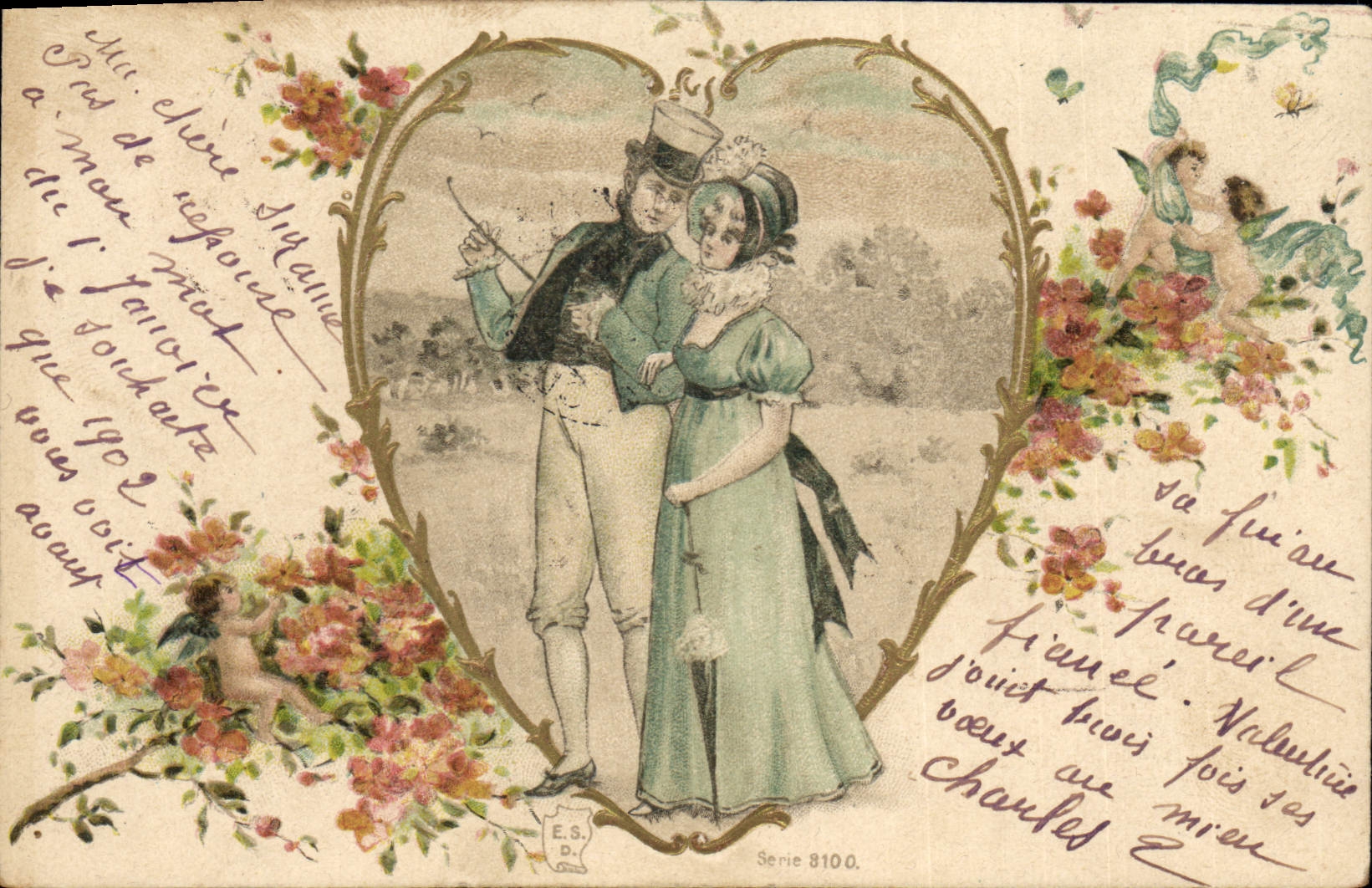 Coppie d'amore in un ambiente floreale — E.S. D., serie 8100