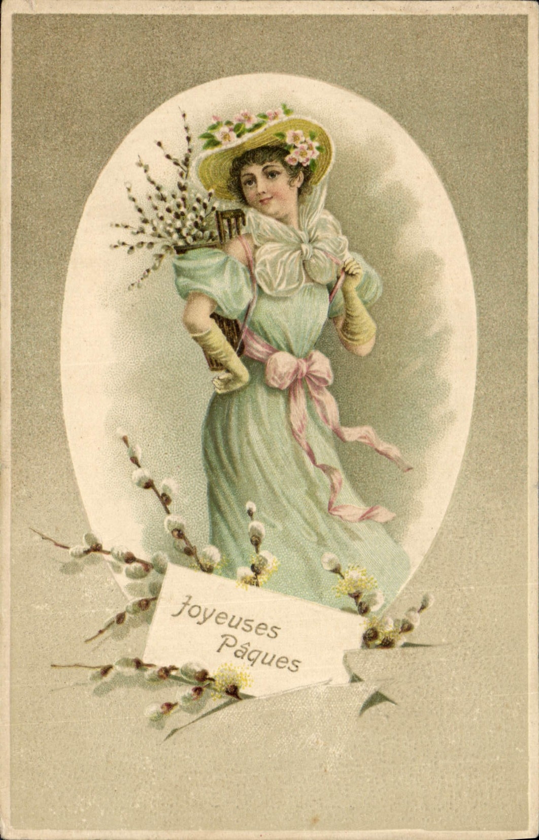 Giovane donna in abito verde e cappello fiorito — Buone Pasque — editore non visibile