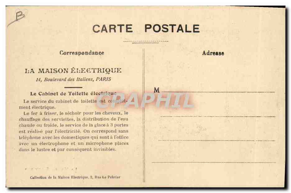Cabinet de Toilette Électrique — La Maison Électrique — 2, Rue Le Peletier, PARIS — Verso