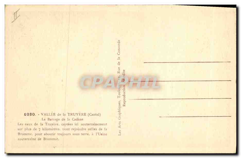 CPA Electricite Vallee de la Truyere Le barrage de la Cadene Les eaux de la Truyere — Verso