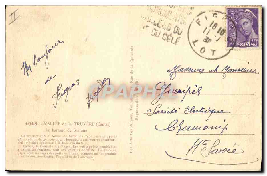 CPA Electricite Vallee de la Truyere Le barrage de Sarrans — Rückseite