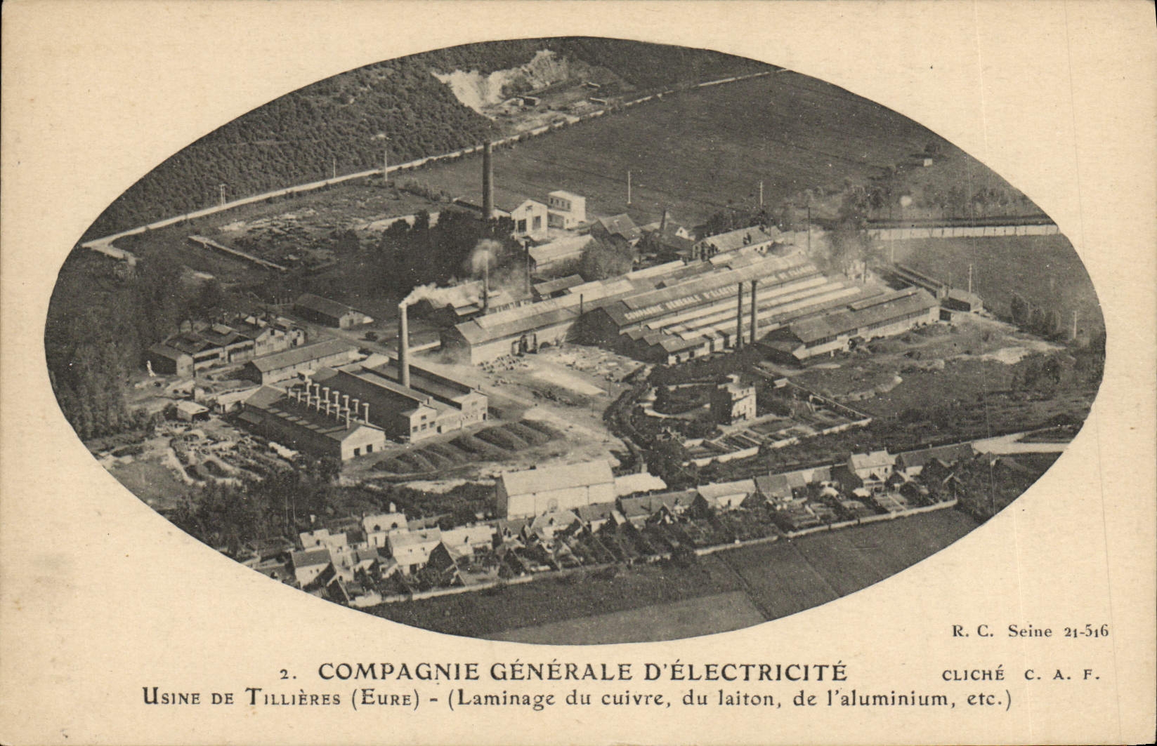 Usine de Tillières (Eure) — Compagnie Générale d'Électricité — Laminage du cuivre, du laiton, de l'aluminium, etc. — Cliché C.A.F. n°21-516