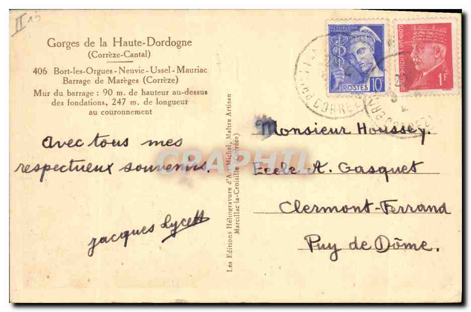 CPA Electricite Gorges de la Haute Dordogne Bort les Orgues Neuvic Ussel Mauriac Mur du barrage — Rückseite