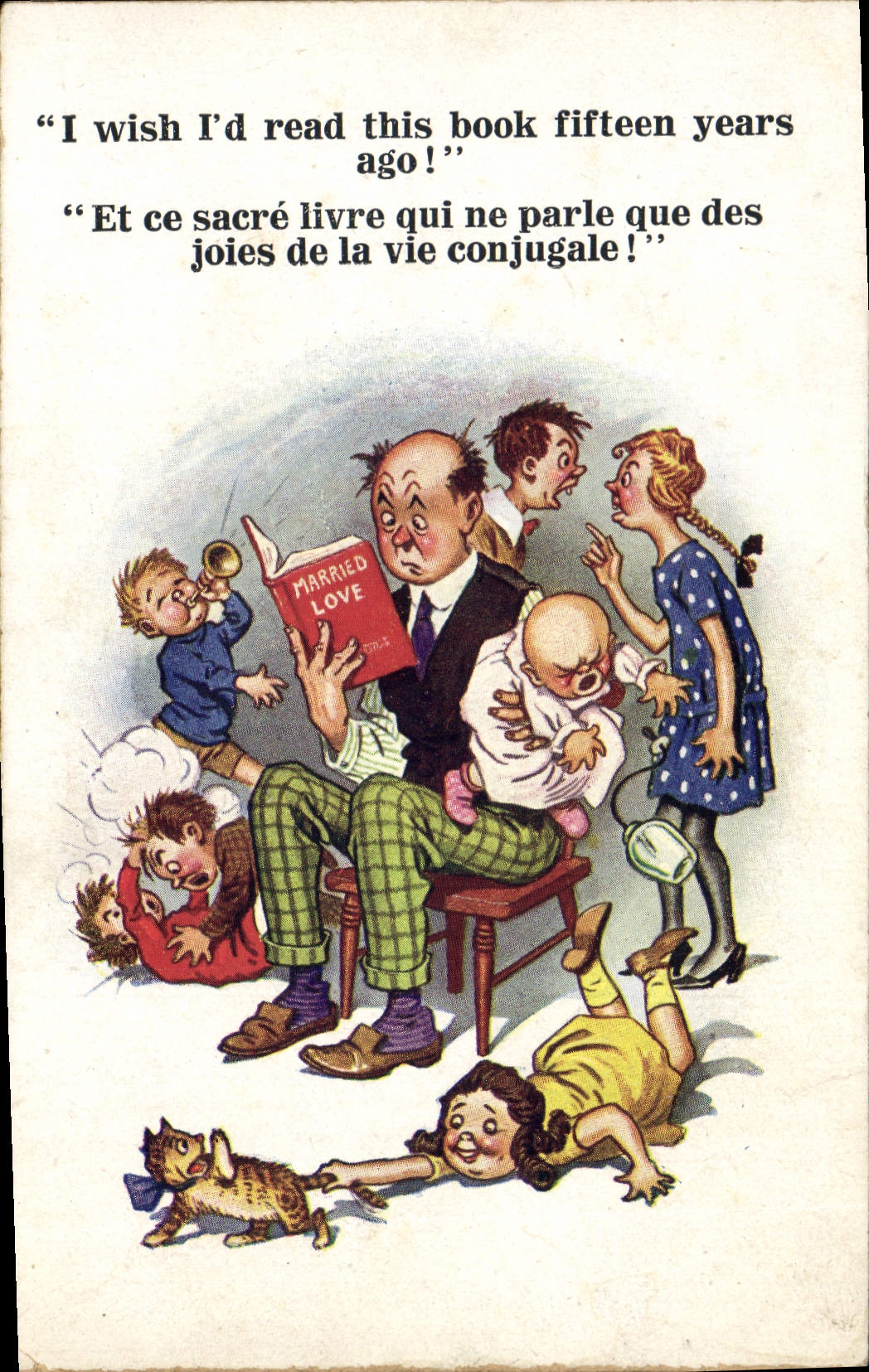 CPA Fantaisie Illustrateur Et ce sacre livre Enfants Chat 