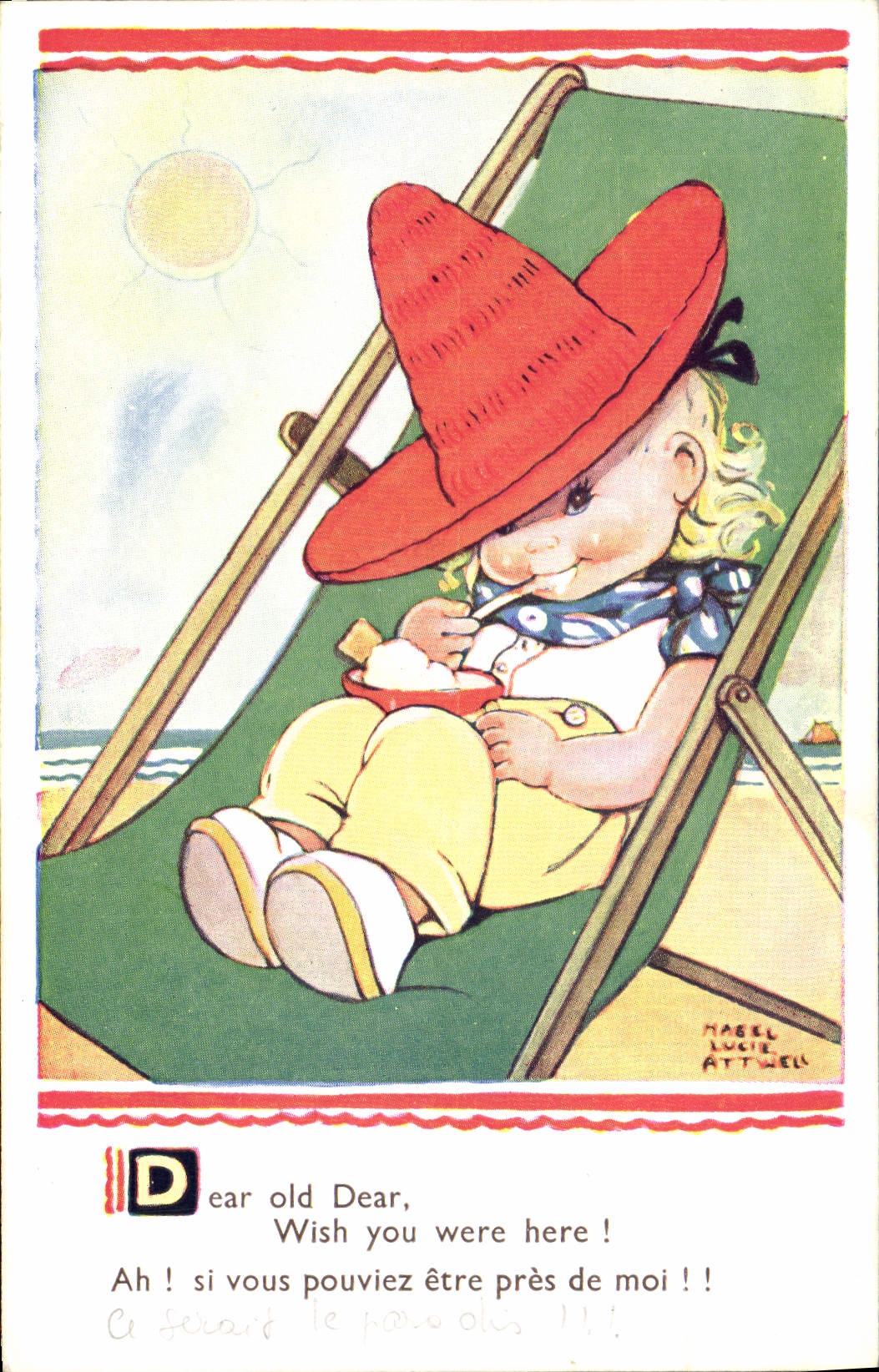 Enfant au chapeau rouge — plage — Mabel Lucie Attwell, n°5212