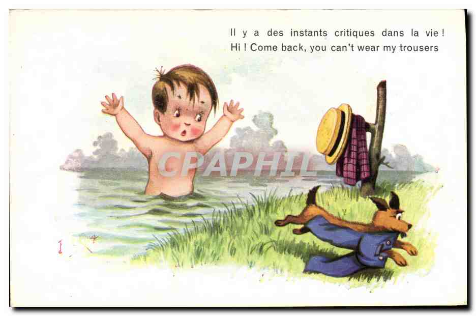 Enfant dans l'eau — chien en pantalon — texte bilingue