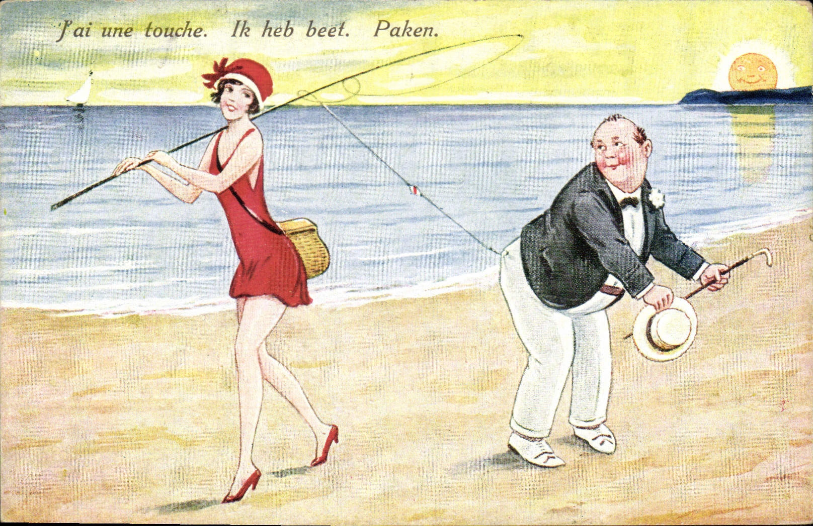 CPA Fantaisie Illustrateur Femme Plage J'ai une touche 