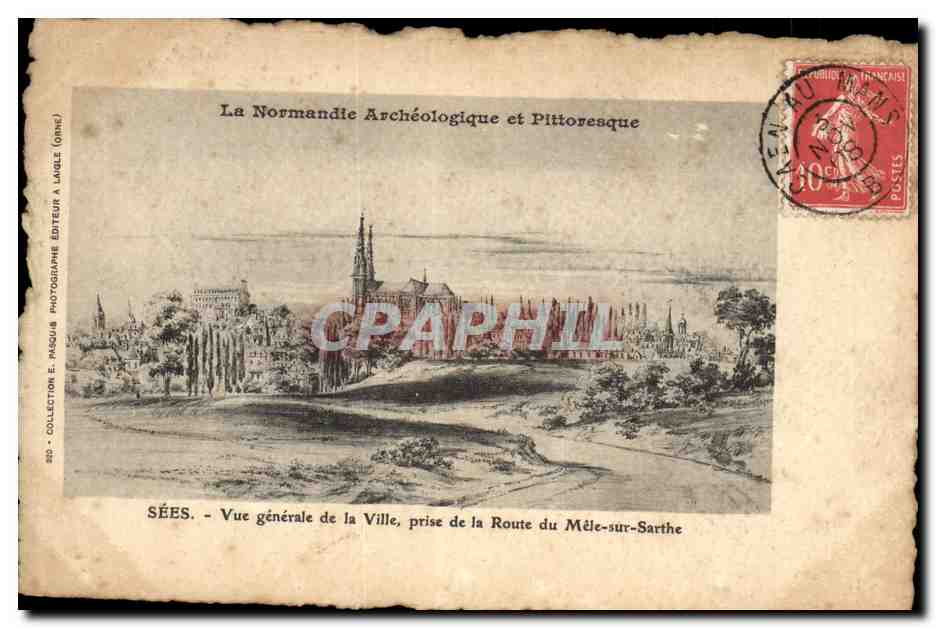 Sées - Vue générale de la Ville, prise de la Route du Méle-sur-Sarthe — La Normandie Archéologique et Pittoresque, éditeur E. Pasquib