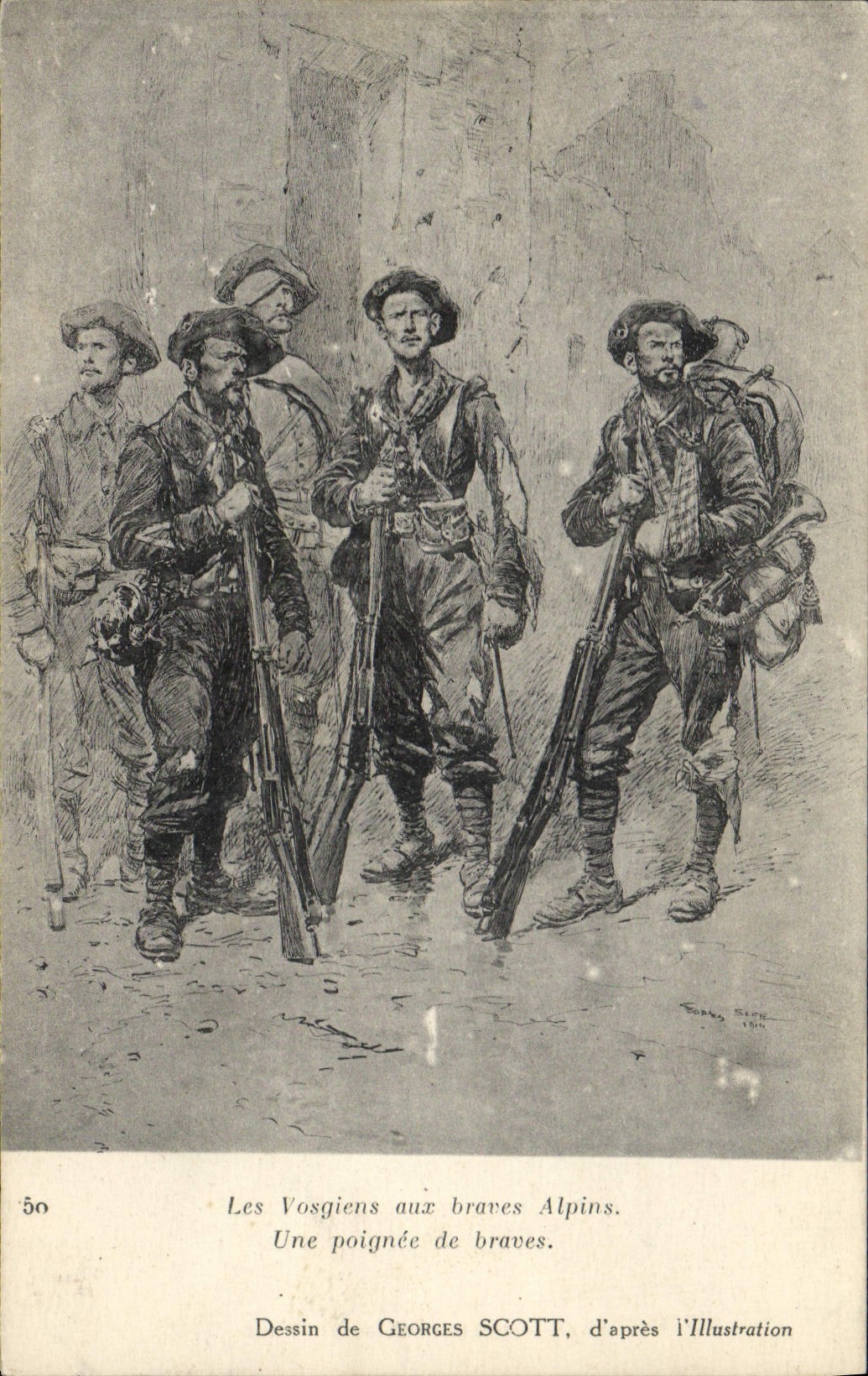CPA Militaria Chasseurs Alpins Les Vosgiens aux braves Alpins Une poignee de braves Georges Scott 