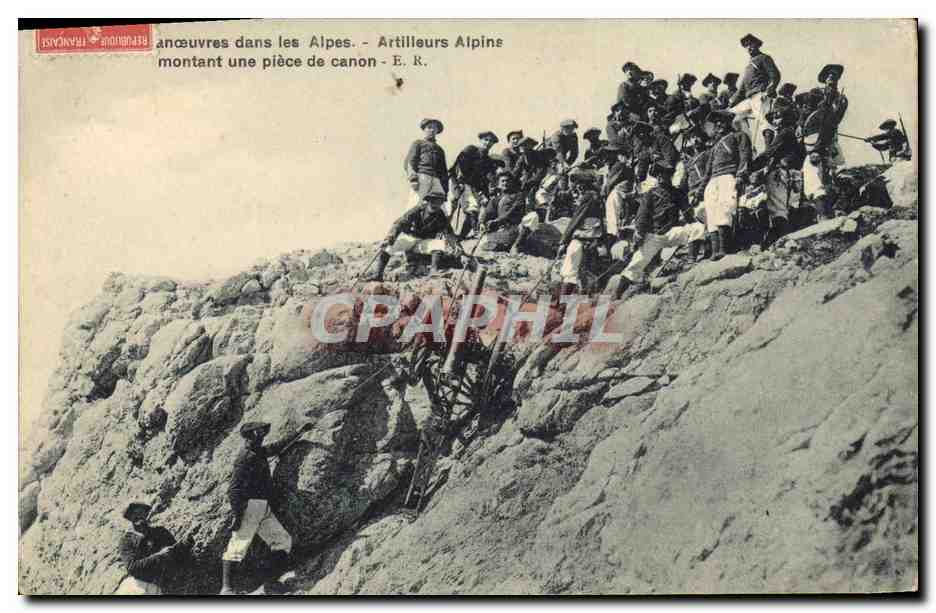 Manœuvres dans les Alpes — Artilleurs Alpins montant une pièce de canon — E.R.