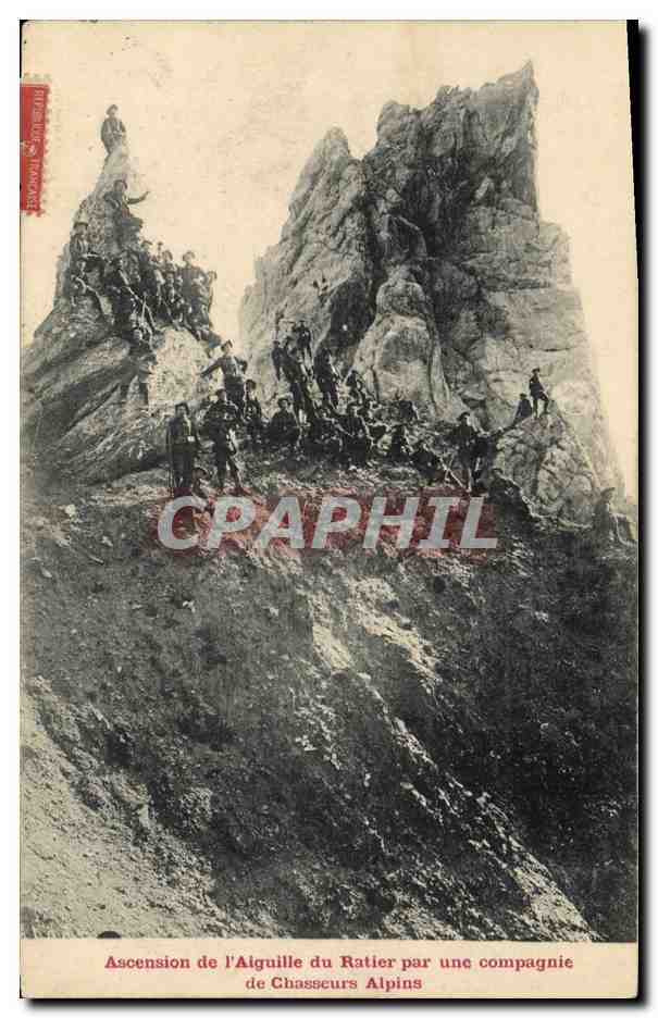 Ascension de l'Aiguille du Ratier par une compagnie de Chasseurs Alpins — Éditeur : Théophile Tardieu, n° 1072