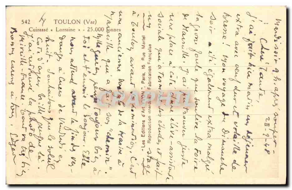 CPA Bateau Toulon Cuirasse Lorraine — Verso