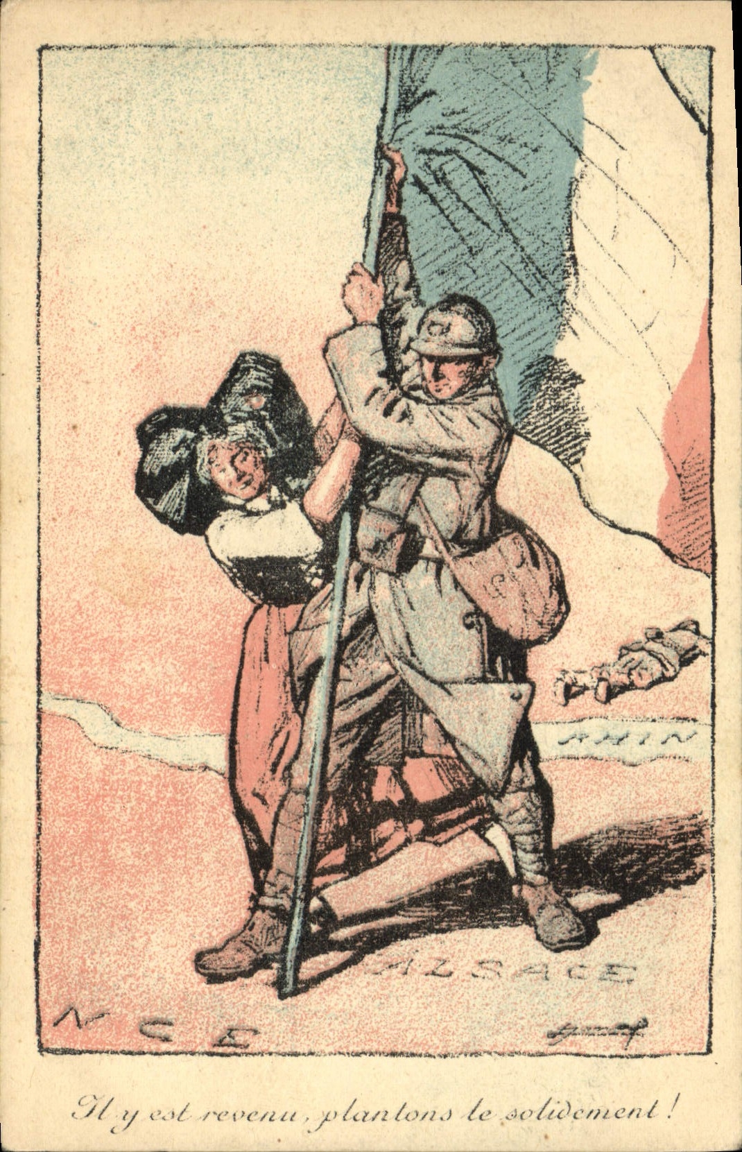 CPA Folklore Alsace Militaria Drapeau
