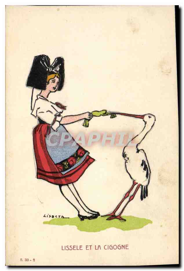 CPA Folklore Alsace Lissele et la cigogne 