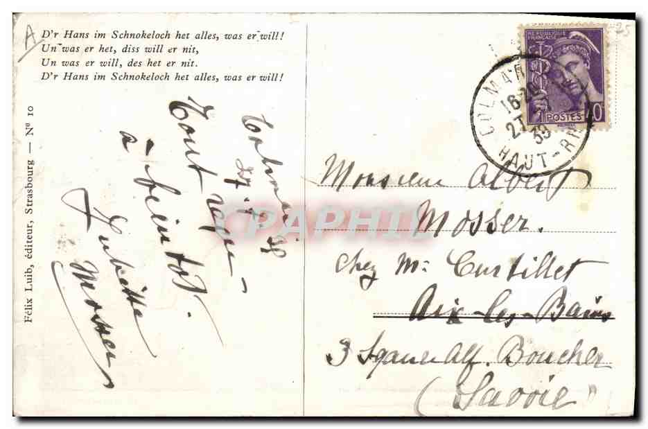 CPA Folklore Alsace Dr Hans im Schnokeloch — Verso