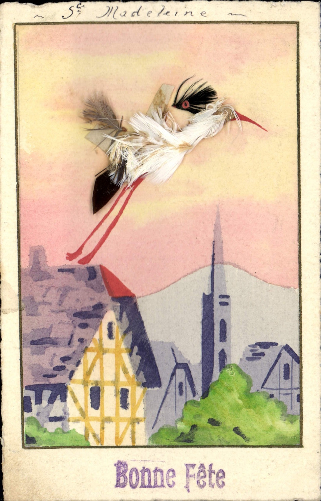 CPA Folklore Alsace Cigogne (dessin a la main et décor de plumes)