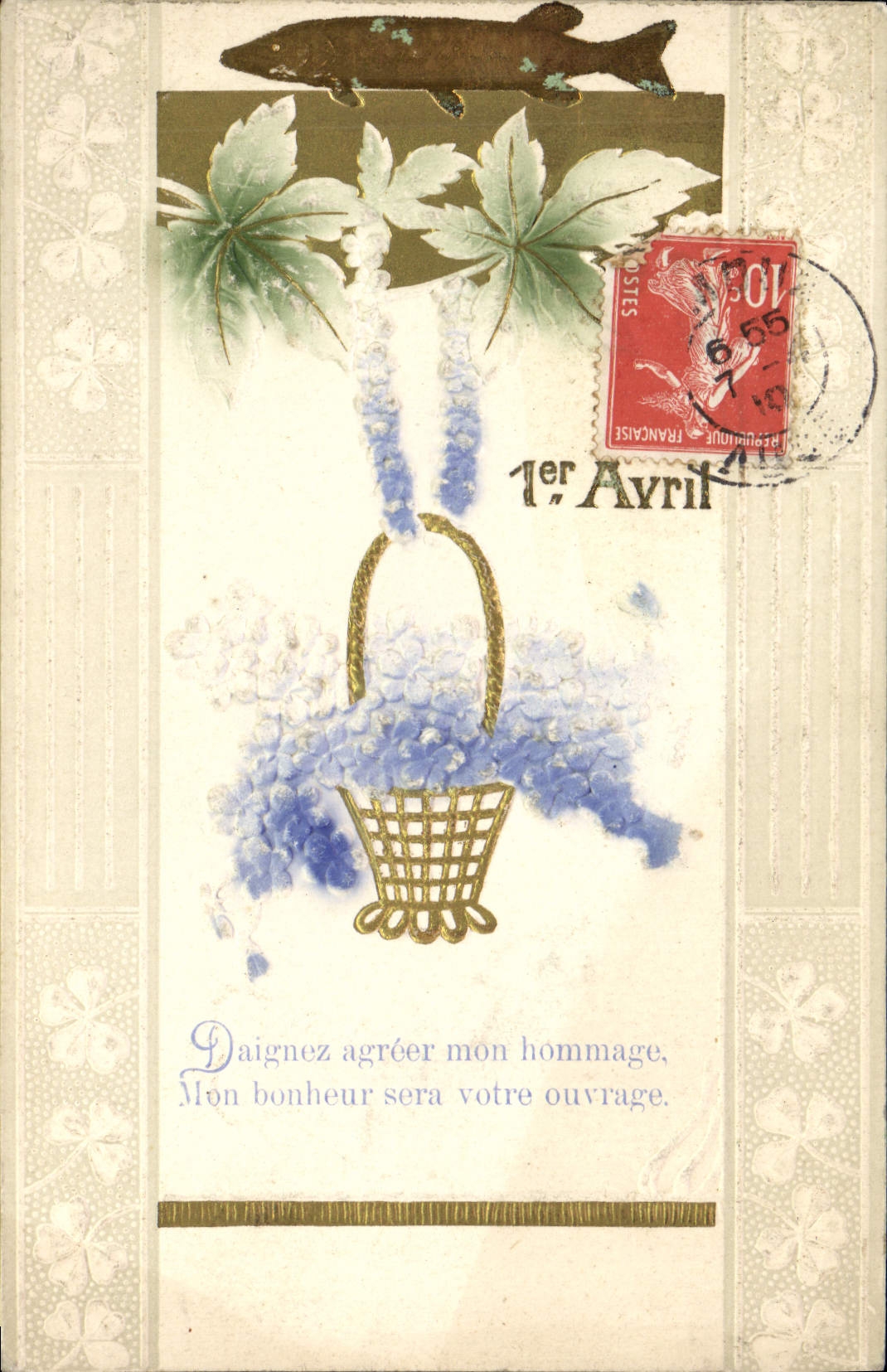 Bouquet de fleurs bleues et poisson — 1er Avril — éditeur inconnu