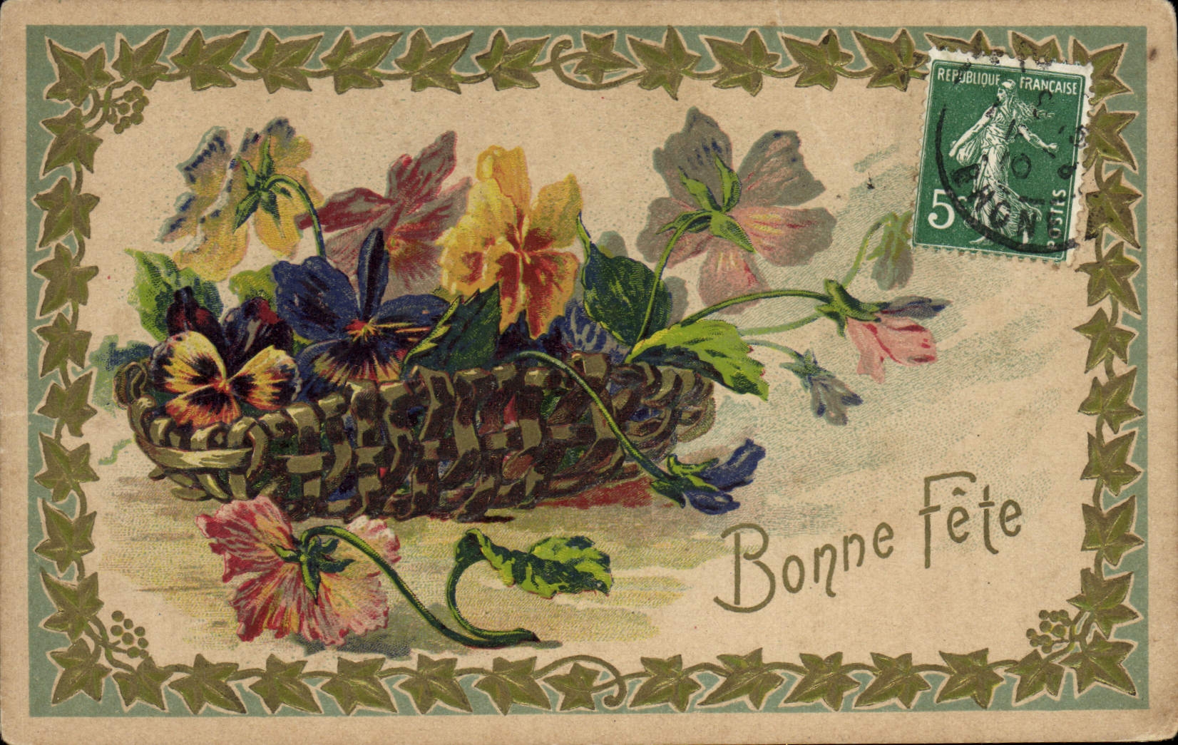 Bouquet di pensieri in un cesto — Buon compleanno — editore sconosciuto, numero di serie non visibile