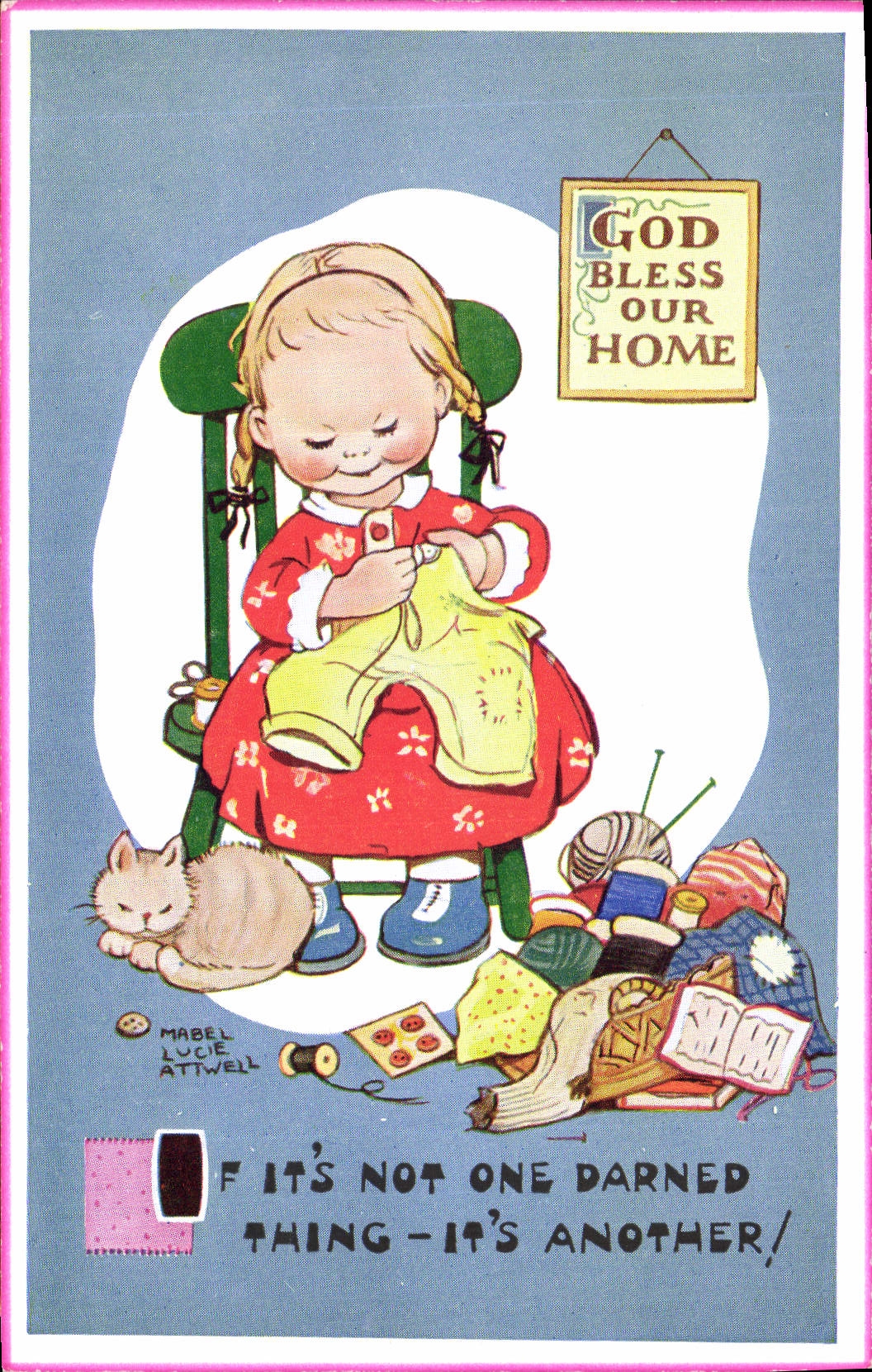CPA Fantaisie Illustrateur Enfant God bless your home Chat Mabel Lucie Attwell