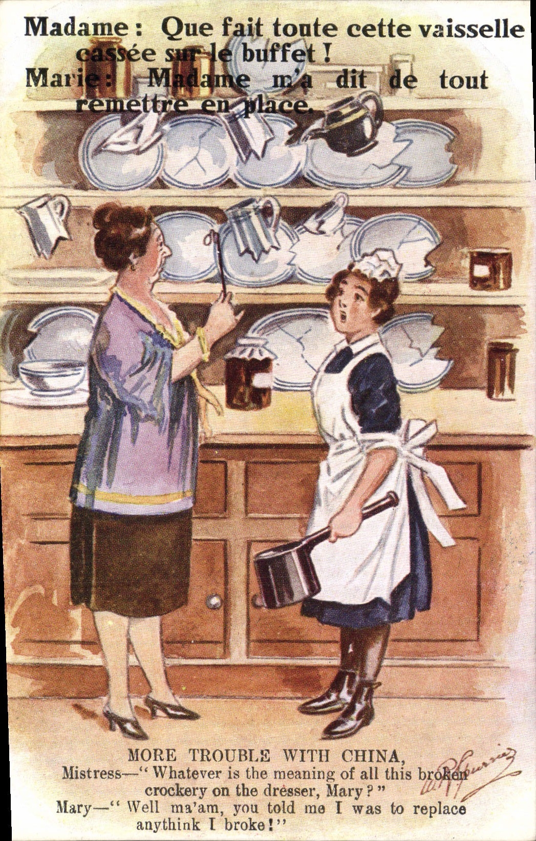 Cuisine — scène comique avec vaisselle cassée — J. Salmon, série 3348