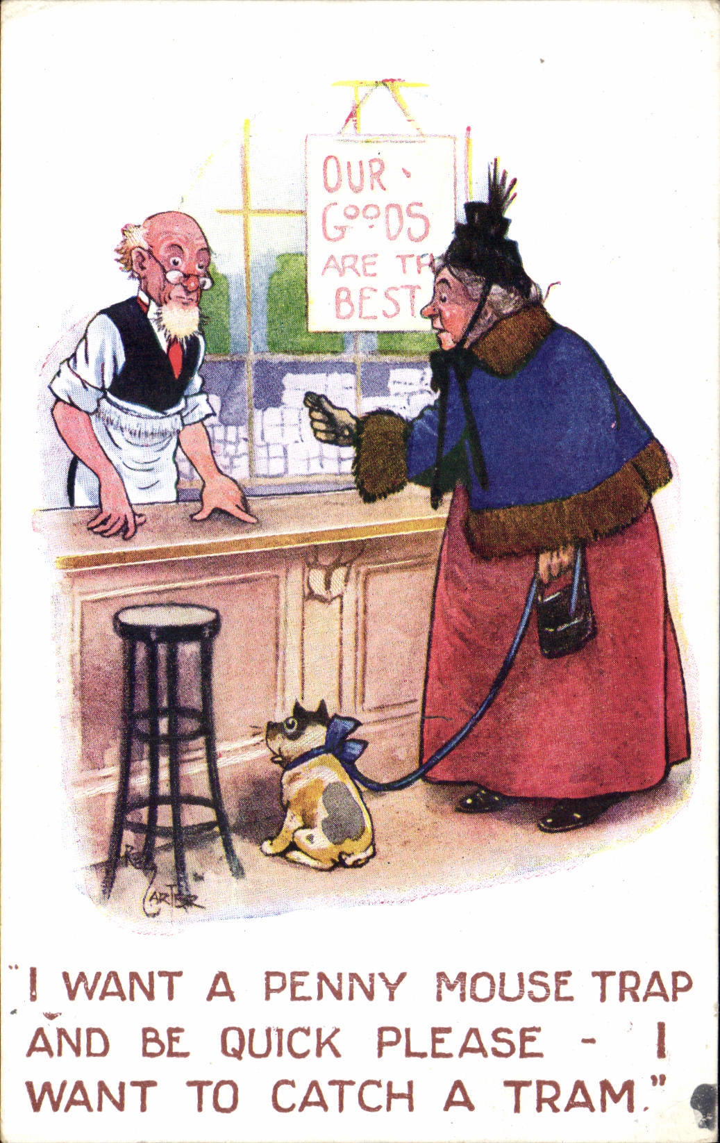 CPA Fantaisie Illustrateur Femme I want a penny mouse trap and be quick please 
