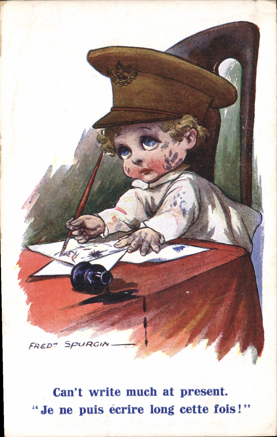 CPA Fantaisie Illustrateur Enfant Fred Spurgin Militaria Can't write much at present
