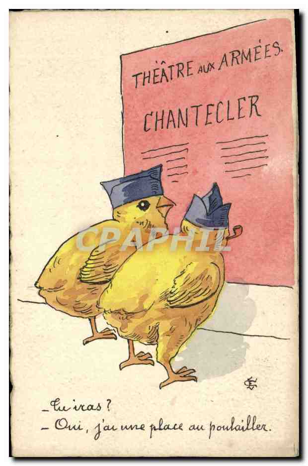 Deux poussins en casquettes — Théâtre aux Armées, Chantecler — dessin de Chantecler