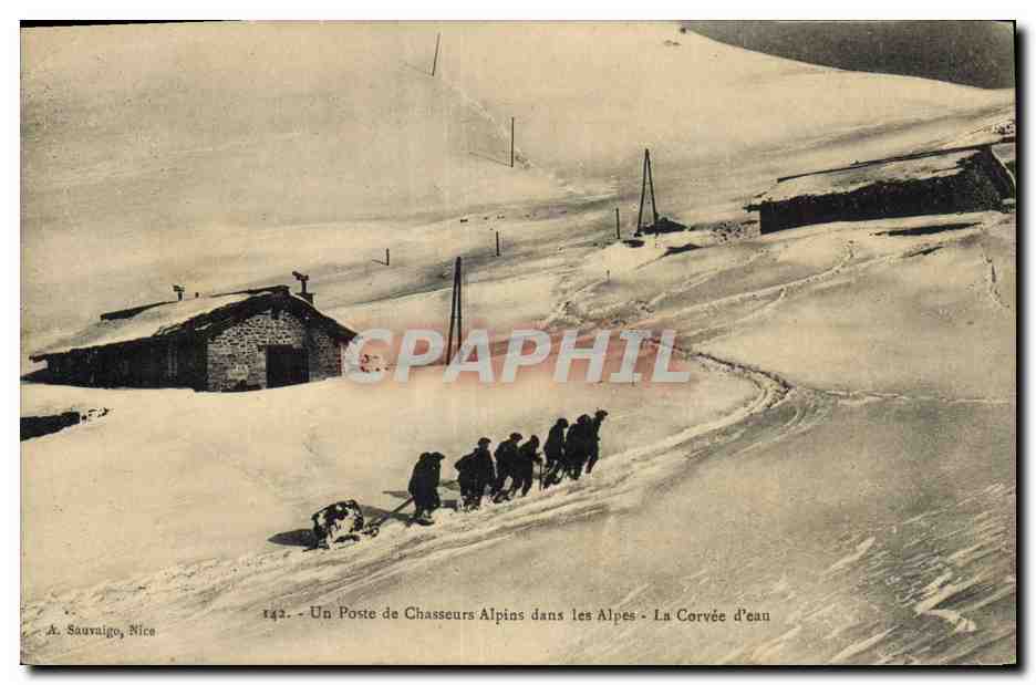 CPA Militaria Chasseurs Alpins Un poste de chasseurs alpins la corvee d'eau Sollieres