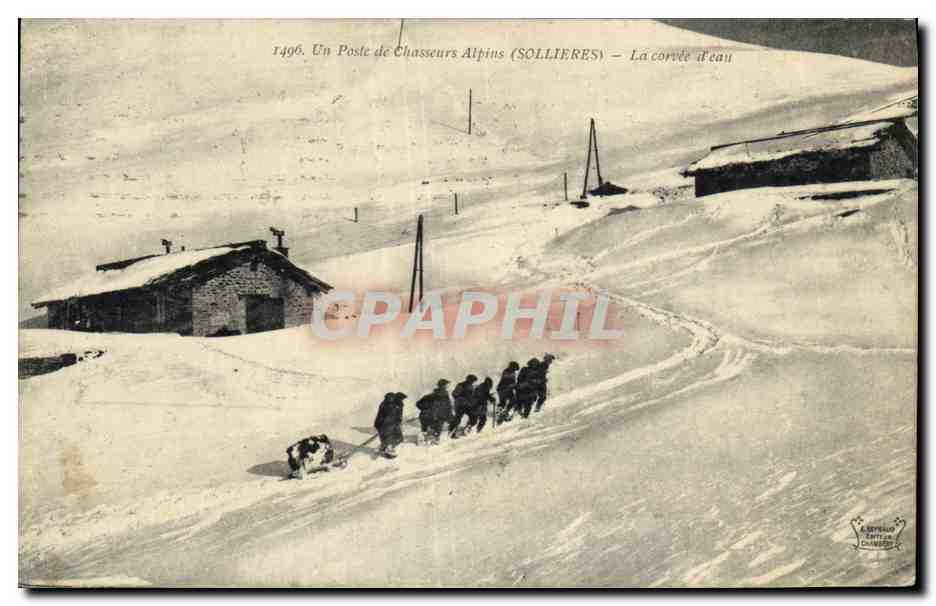 CPA Militaria Chasseurs Alpins Un poste de chasseurs alpins la corvee d'eau Sollieres