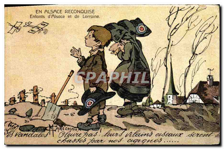 CPA Folklore Alsace En Alsace reconquise Enfants d'Alsace et de Lorraine Avion Aviation