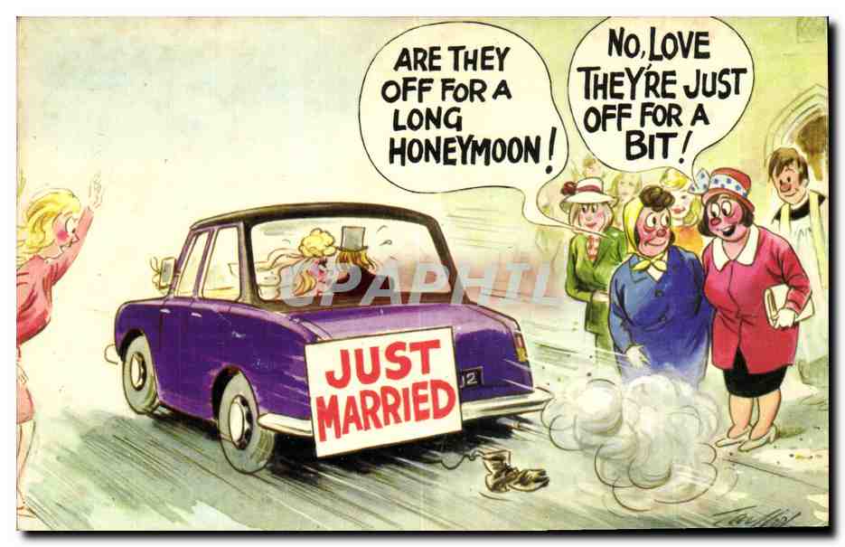 CPM Fantaisie Illustrateur Just married Automobile 