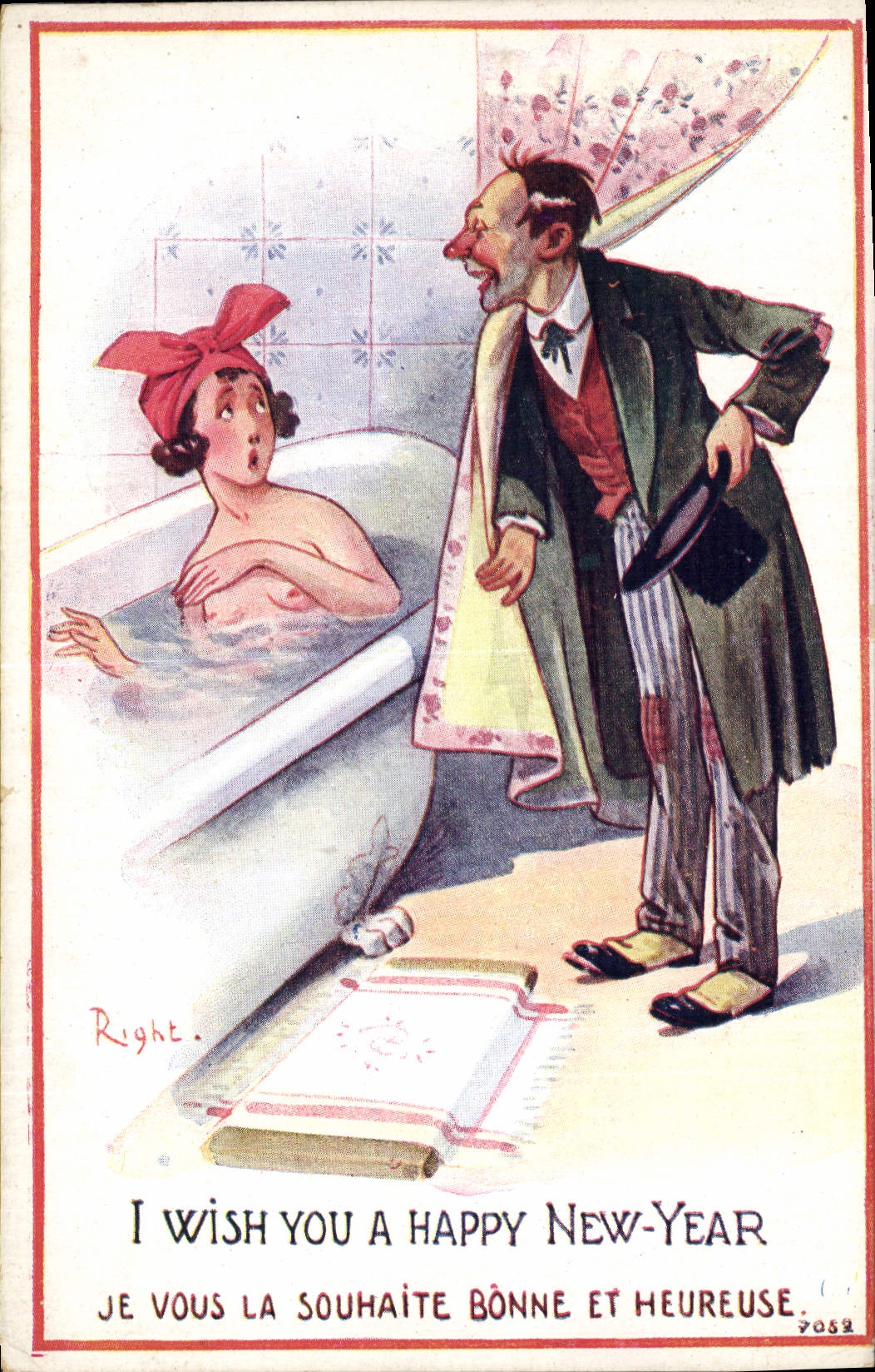 CPA Fantaisie Illustrateur Right Femme au bain I wish you a happy New Year 