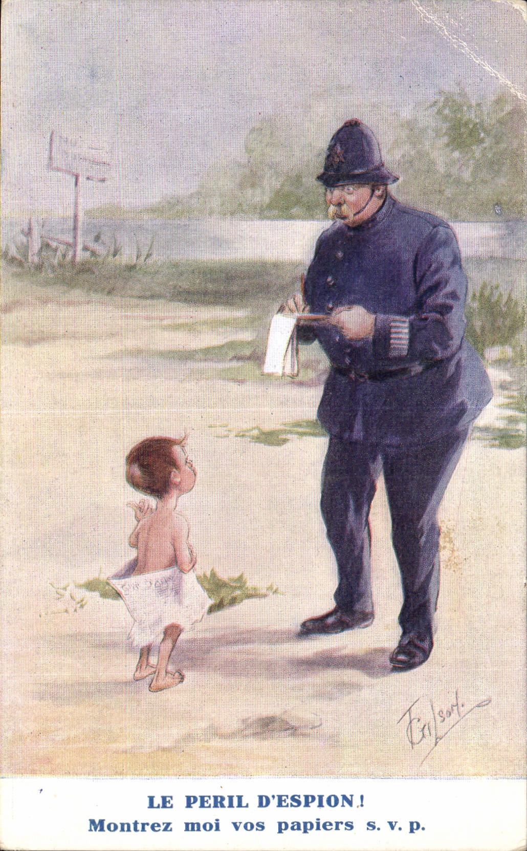 CPA Fantaisie Illustrateur Enfant Le peril d'espion Police Policier