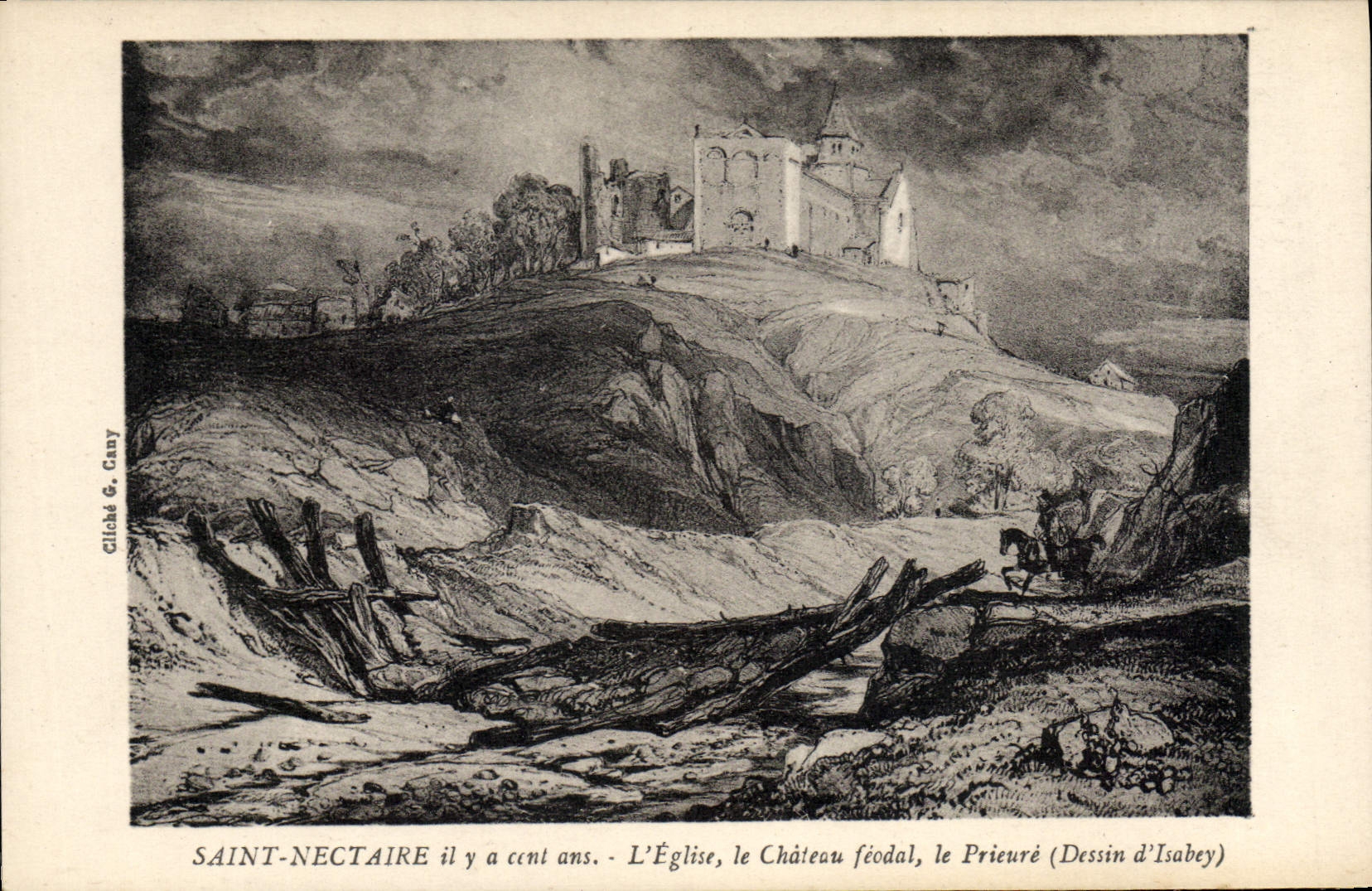 CPA Saint Nectaire il y a cent ans L'eglise Le chateau feodal le Prieure Dessin d'Isabey 
