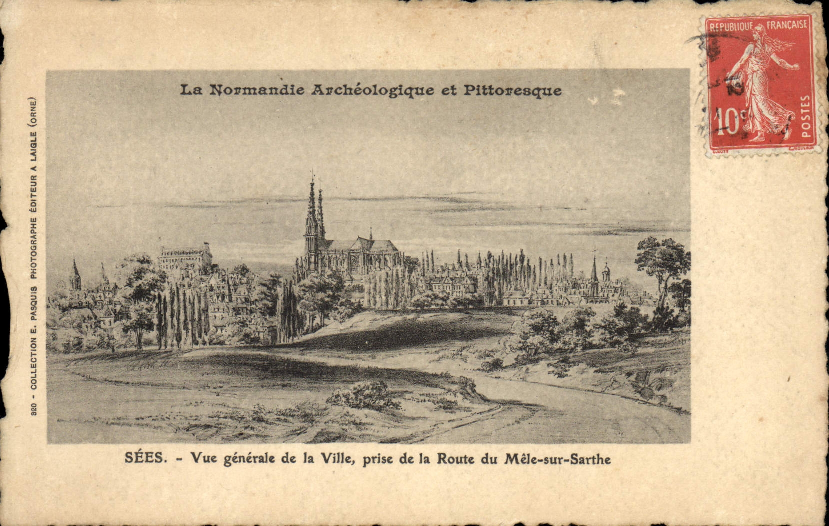 Sées - Vue générale de la Ville, prise de la Route du Mêle-sur-Sarthe — La Normandie Archéologique et Pittoresque — Éditeur E. Pasquis, collection 880