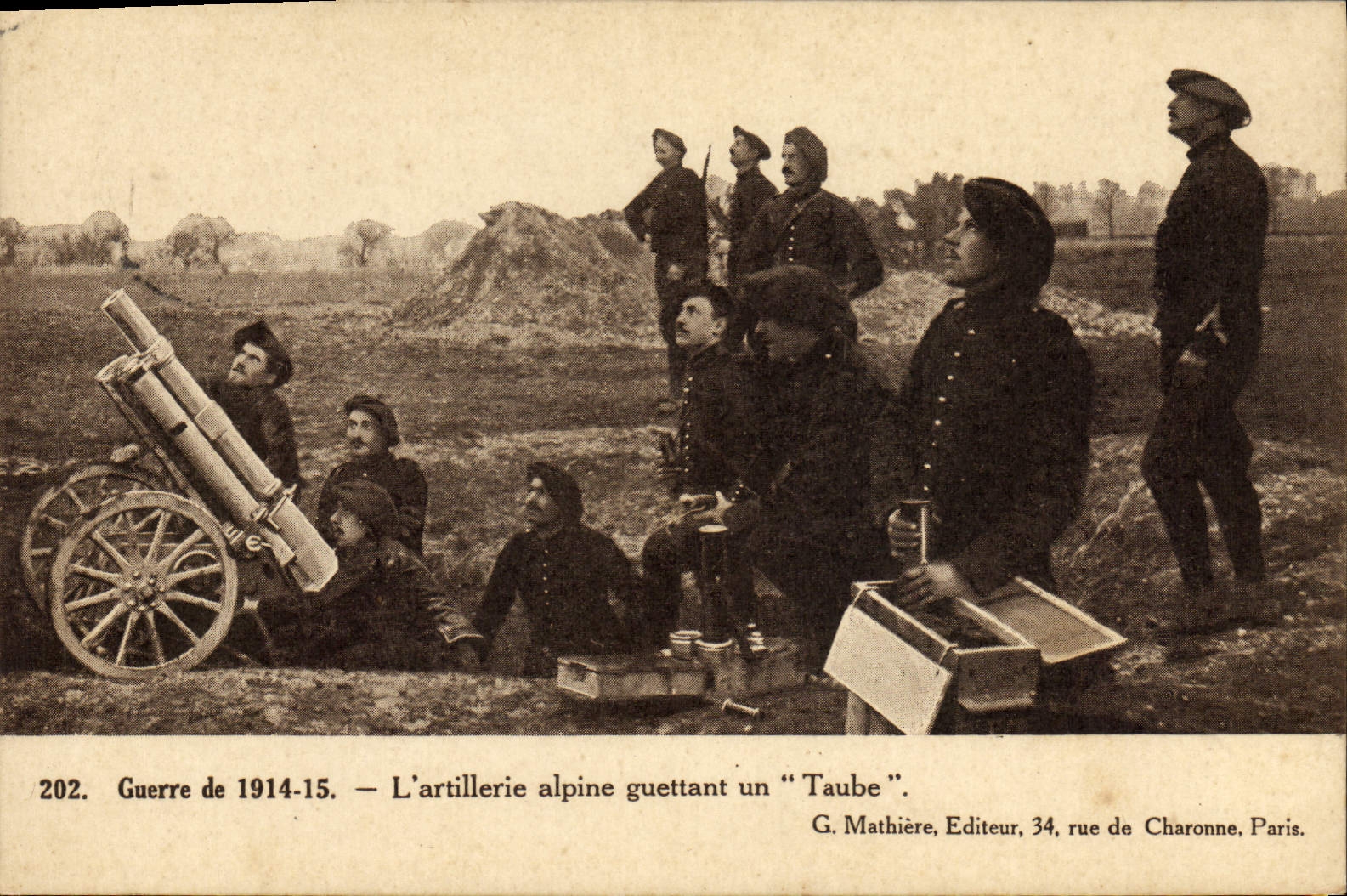 L'artillerie alpine guettant un "Taube" — Guerre de 1914-15 — G. Mathière, Editeur, 34, rue de Charonne, Paris.