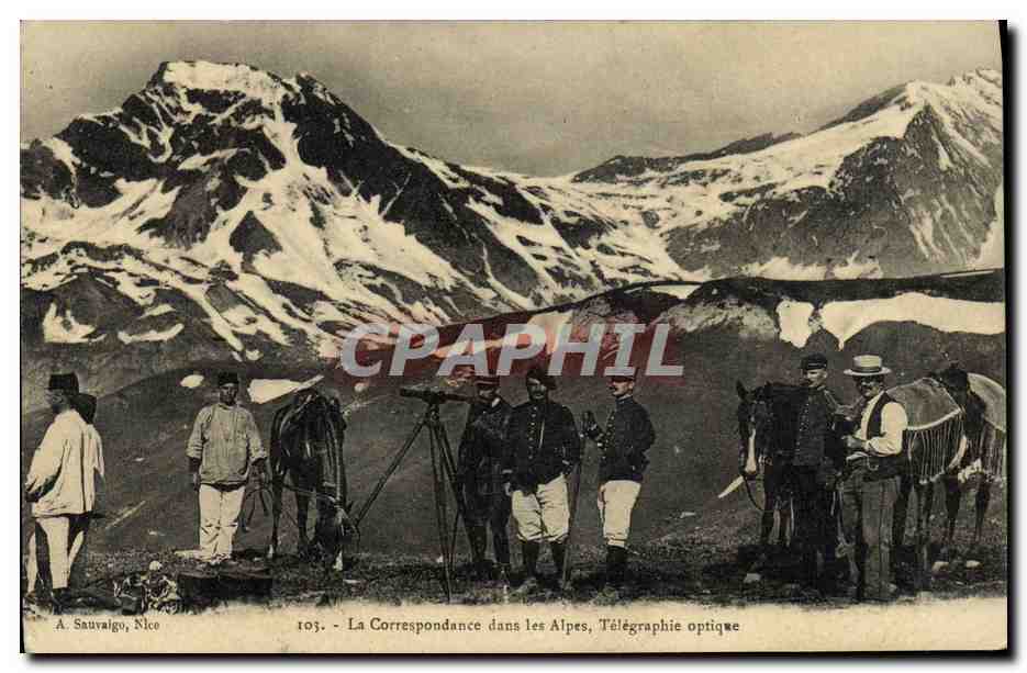 CPA Militaria Chasseurs Alpins La Correspondance dans les Alpes Telegraphiste optique