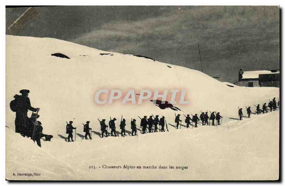Chasseurs Alpins en marche dans les neiges — A. Sauvaigo, Nice, n°115