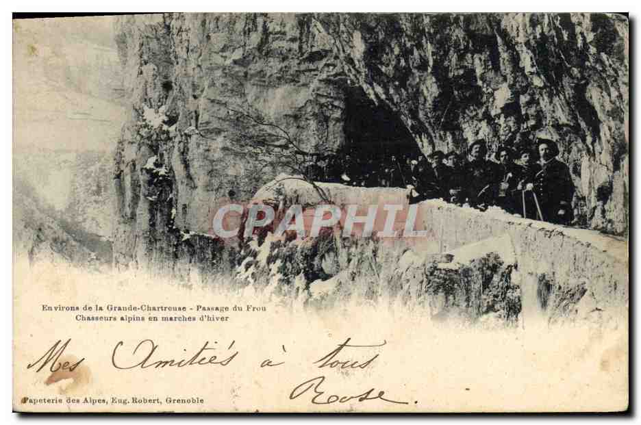 Environ de la Grande-Chartreuse - Passage du Fron - Chasseurs alpins en marches d'hiver — Papeterie des Alpes, Eug. Robert, Grenoble