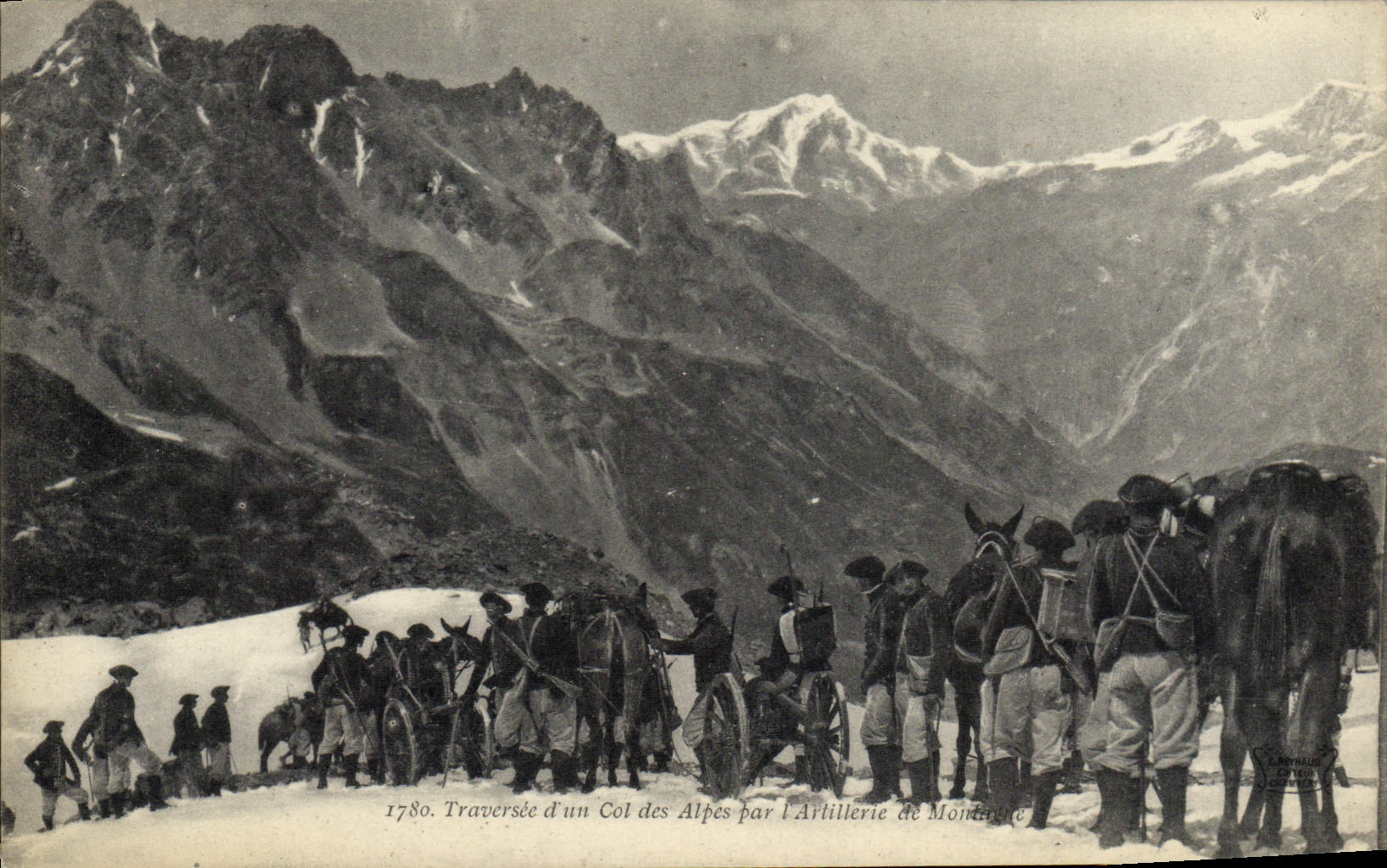 Traversée d'un Col des Alpes par l'Artillerie de Montagne — 1780 — Éditeur : V. V. Montagne