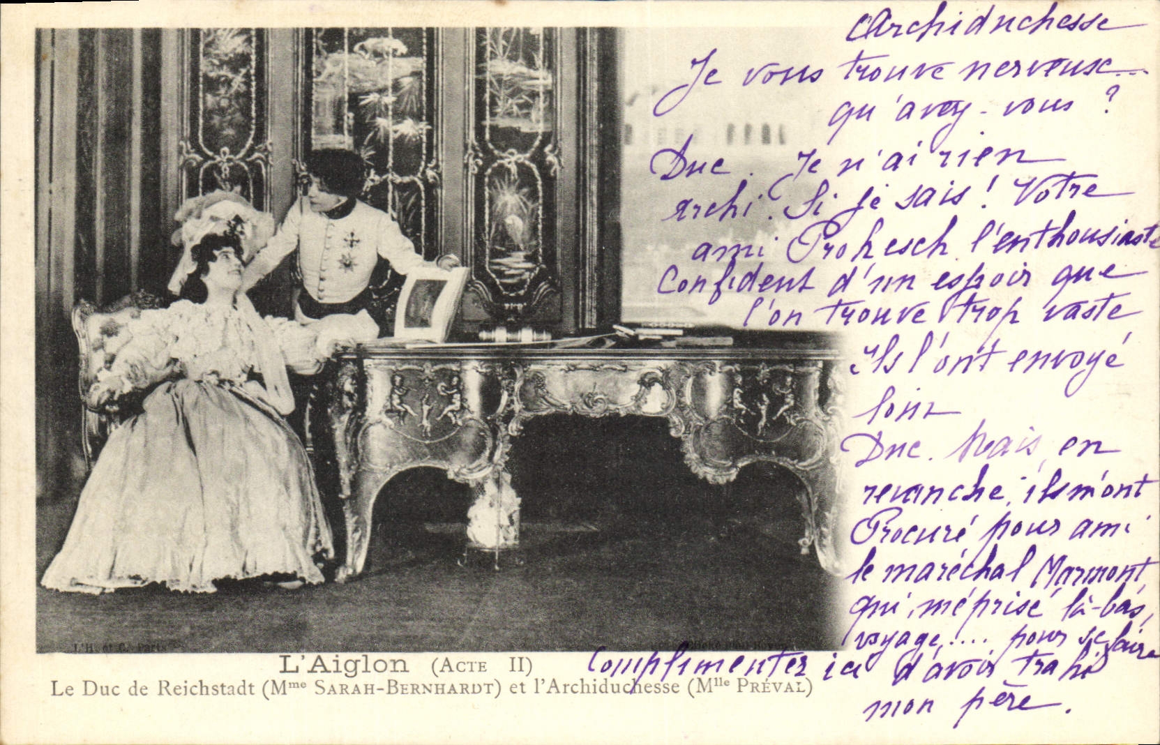 L'Aiglon (Acte II) — Le Duc de Reichstadt (Mme Sarah-Bernhardt) et l'Archiduchesse (Mme Préval) — I.H. et C. Paris