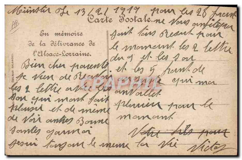 CPA Folklore Alsace Lorraine Soldat Militaria — Verso