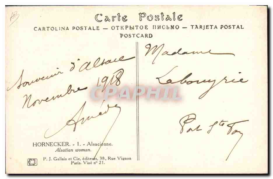 CPA Folklore Alsace Alsacienne Leon Hornecker — Verso
