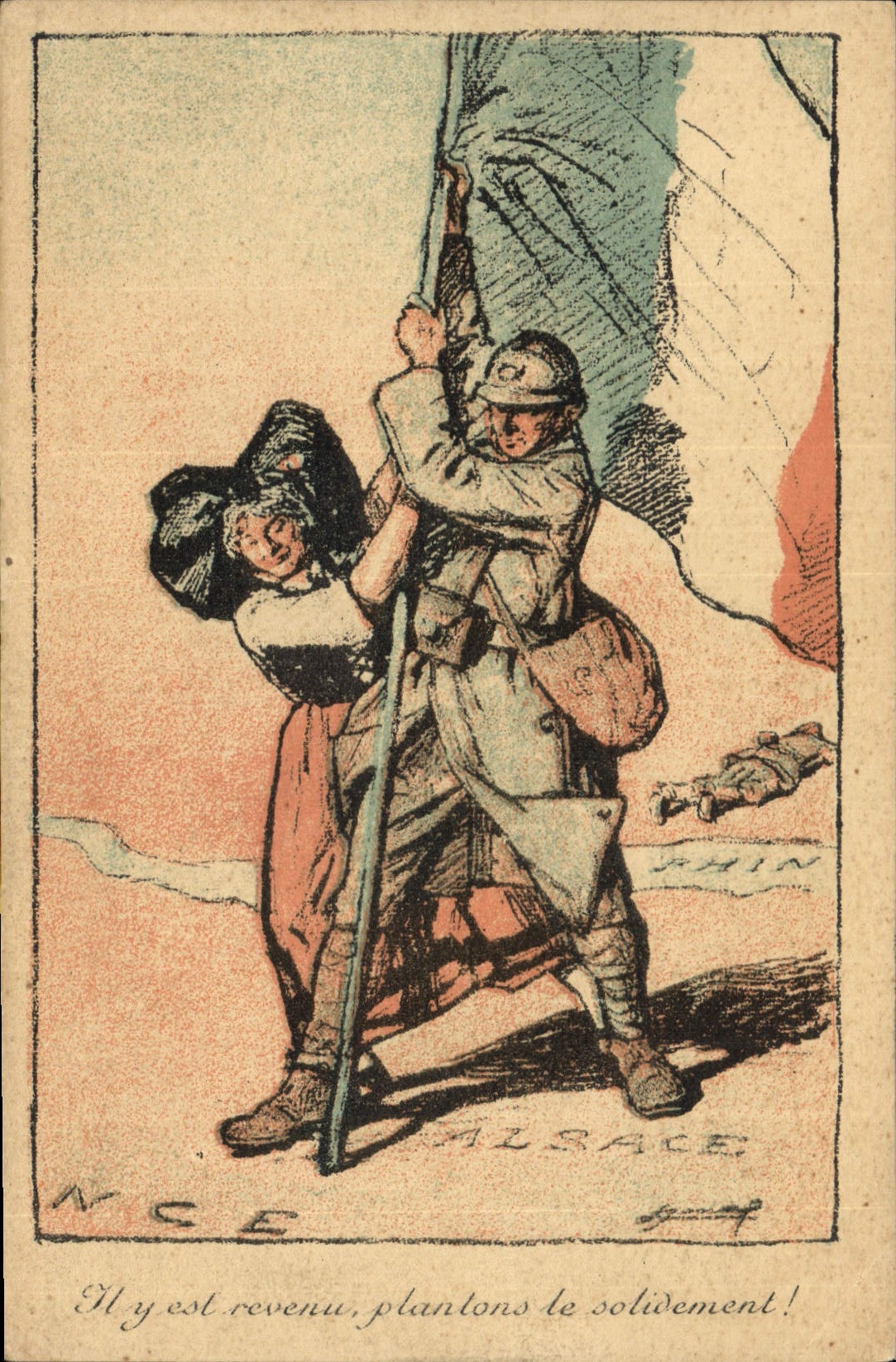 CPA Folklore Alsace Drapeau Militaria 