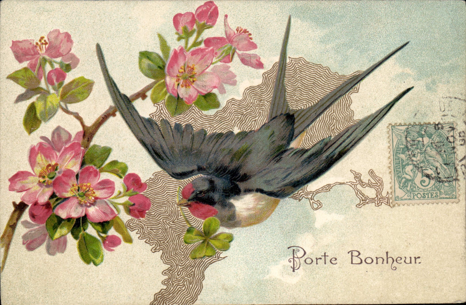 CPA Fantaisie Fleurs Hirondelle Porte bonheur 