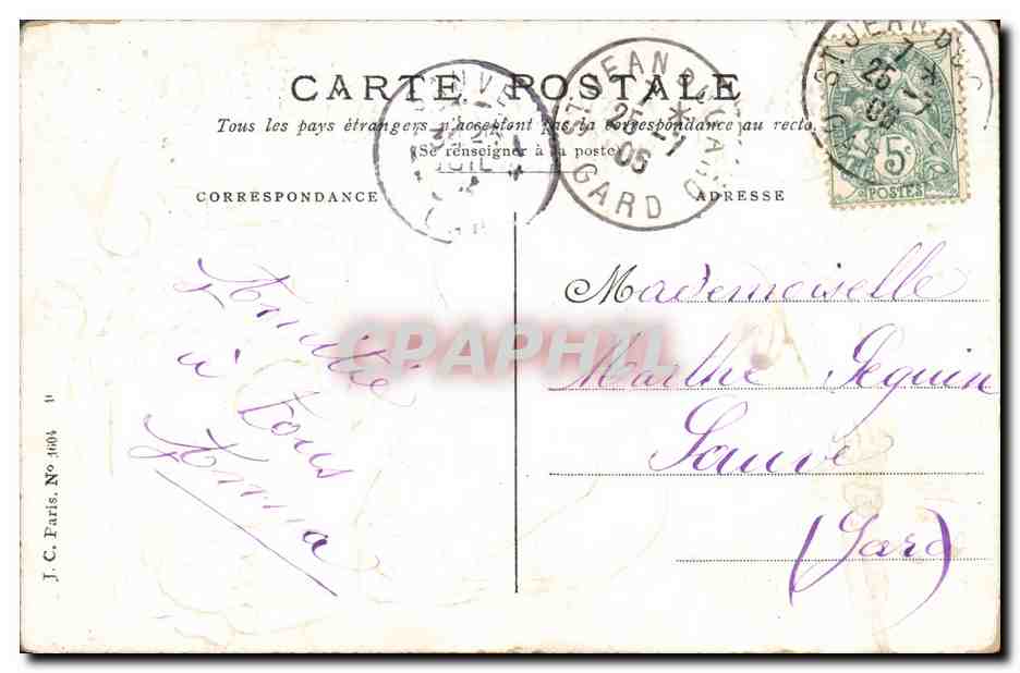 Pigeons et roses — Je pense à vous — J.C. Paris, No 1004 — Rückseite