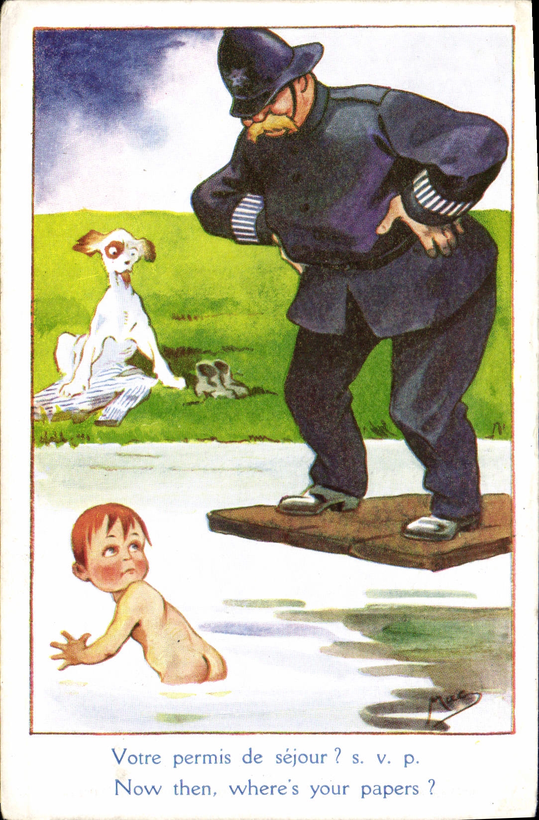 CPA Fantaisie Illustrateur Enfant Police policier Chien 